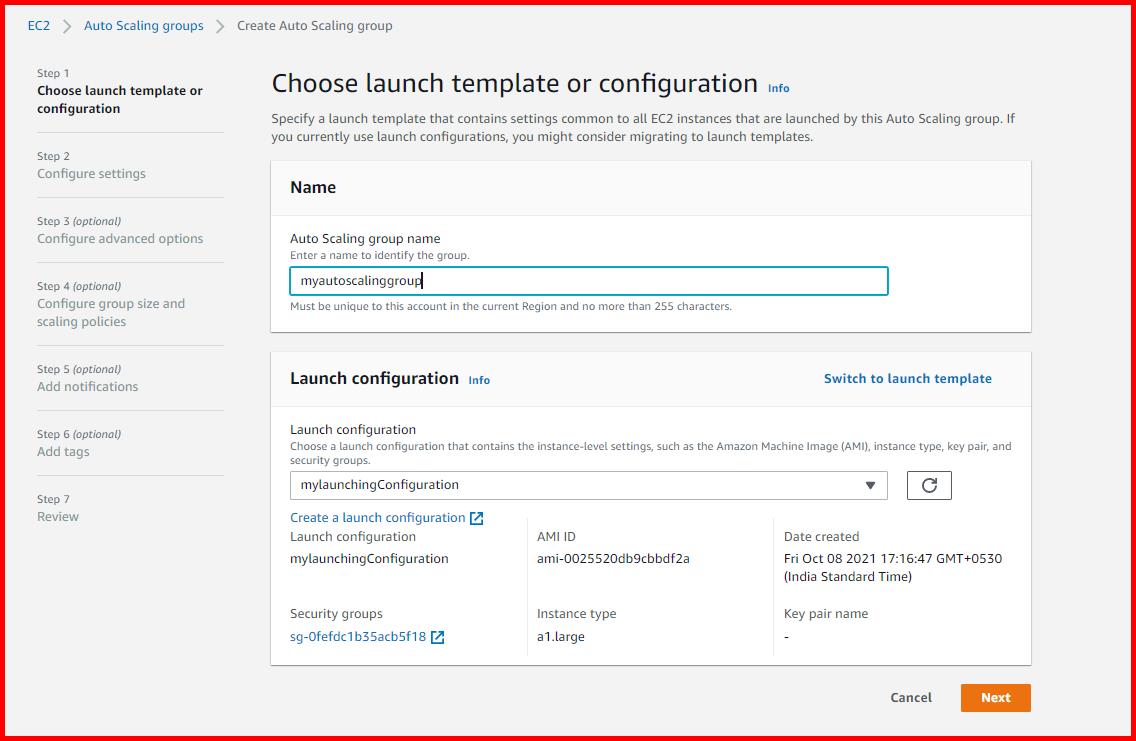 Picture showing the Create Auto Scaling group screen for entering the group name and launch configuration